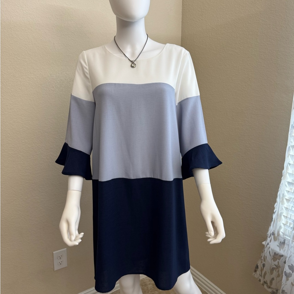 She + Sky Cream and Gray Boxy Mini Dress